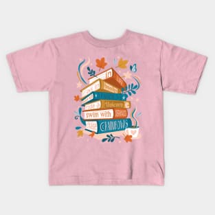 In life as in books dance with fairies, ride a unicorn, swim with mermaids, chase rainbows motivational quote // spot // coral rose pink background orange yellow and blue books Kids T-Shirt